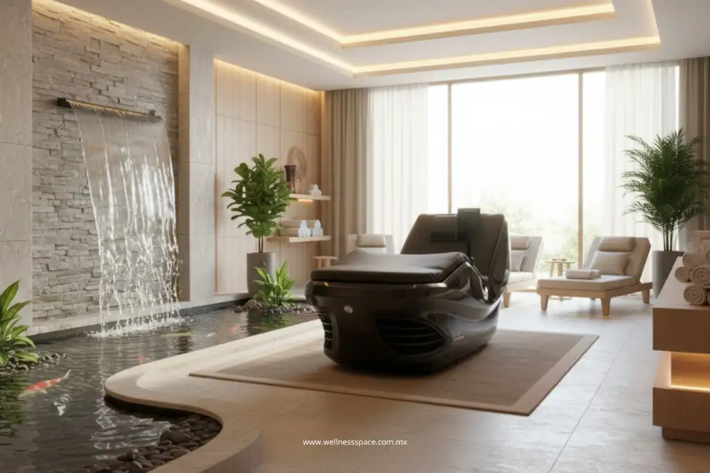Spa wellness moderno con silla de masaje HydroMassage en ambiente lujoso con cascada y plantas