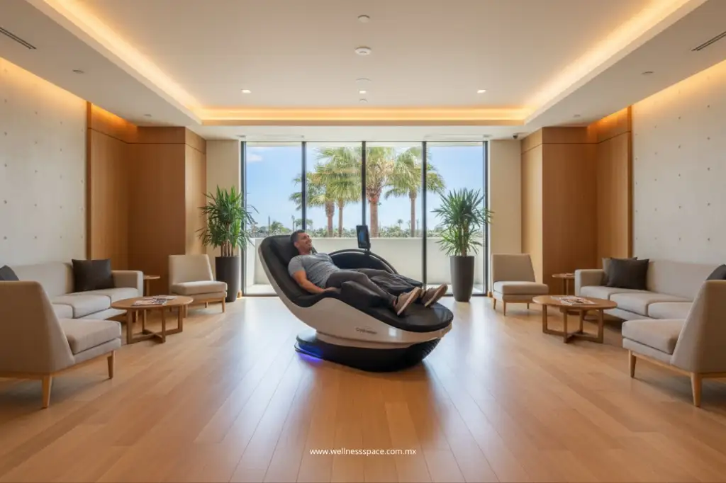 Usuario relajado en CryoLounge+ en sala wellness moderna con vistas a palmeras y diseño contemporáneo