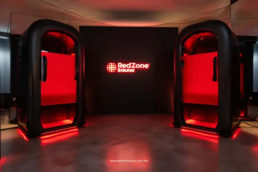 Instalación profesional de dos cabinas RedZone Sauna con iluminación infrarroja roja en centro wellness moderno